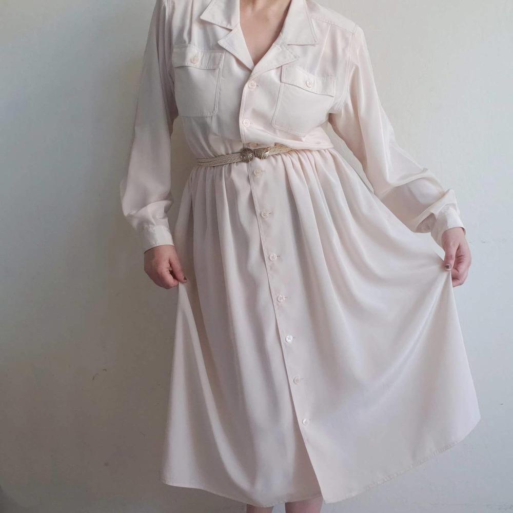Vintage Leslie Fay Ecru Button Down Midi Dress Size 10